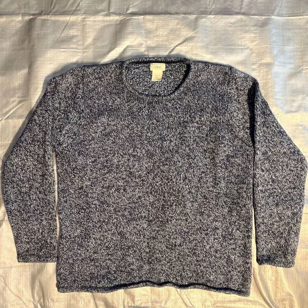 LL Bean Chunky Knit Sweater Mens XL Navy Blue White Marled Cotton Crewneck